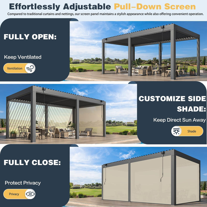 MELLCOM 10x20FT Louvered Pergola with 6 Pull-Down Screens, Aluminum Pergola with Adjustable Rainproof, Dark Gray