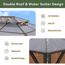 Aoxun 12'x10' Hardtop Gazebo, Aluminum Frame Permanent Pavilion with Curtains and Netting, Outdoor Polycarbonate Double Roof Canopy, Designed for Garden, Lawns, Patio, Brown