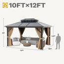 DWVO 10x12ft Hardtop Gazebo Double Roof Polycarbonate Canopy Outdoor with Netting and Shaded Curtains, Aluminum Frame Garden Tent for Patio, Backyard, Deck and Lawns, Brown