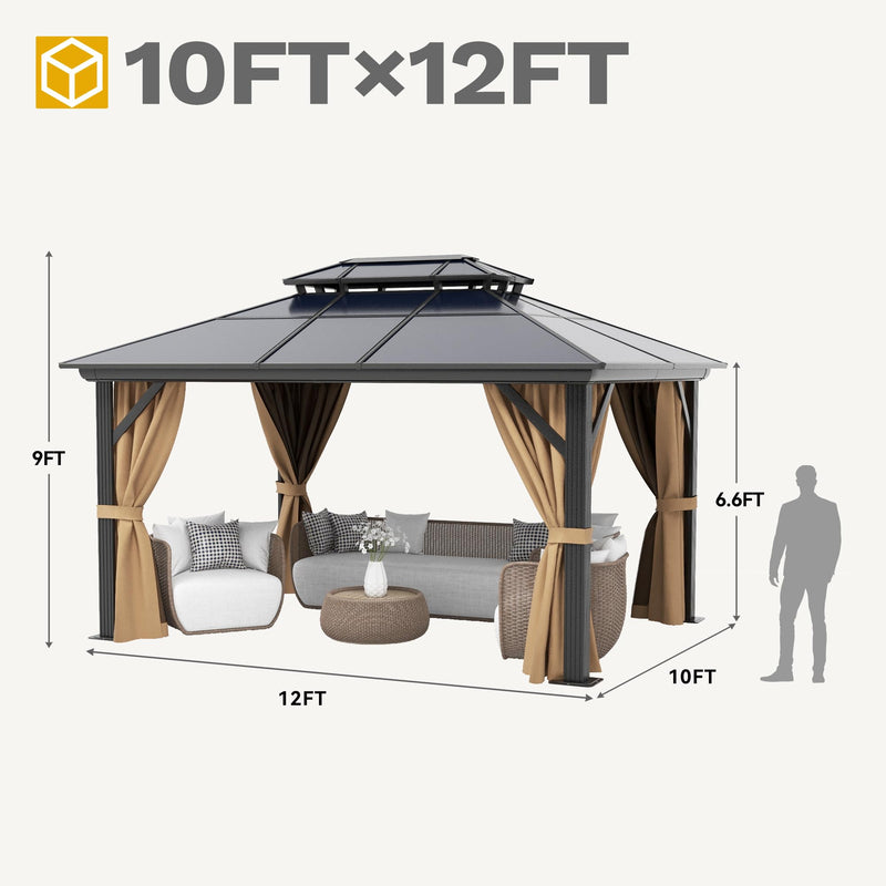 DWVO 10x12ft Hardtop Gazebo Double Roof Polycarbonate Canopy Outdoor with Netting and Shaded Curtains, Aluminum Frame Garden Tent for Patio, Backyard, Deck and Lawns, Brown