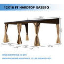 SHPAI 12’ x 16’ Lean to Gazebo, Outdoor Wall Mounted Gazebo Aluminum Frame, Hardtop Pergola with Galvanized Steel Sloping Roof for Patio Deck Garden Backyard, Curtain and Netting Included