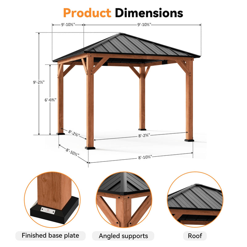 Modern Shade Tranquil Grove Wood Gazebo 10' x 10', Permanent Grill Gazebo with Galvanized Steel Hardtop Roof, Cedar Framed Wooden Pavilion for Garden, Backyard