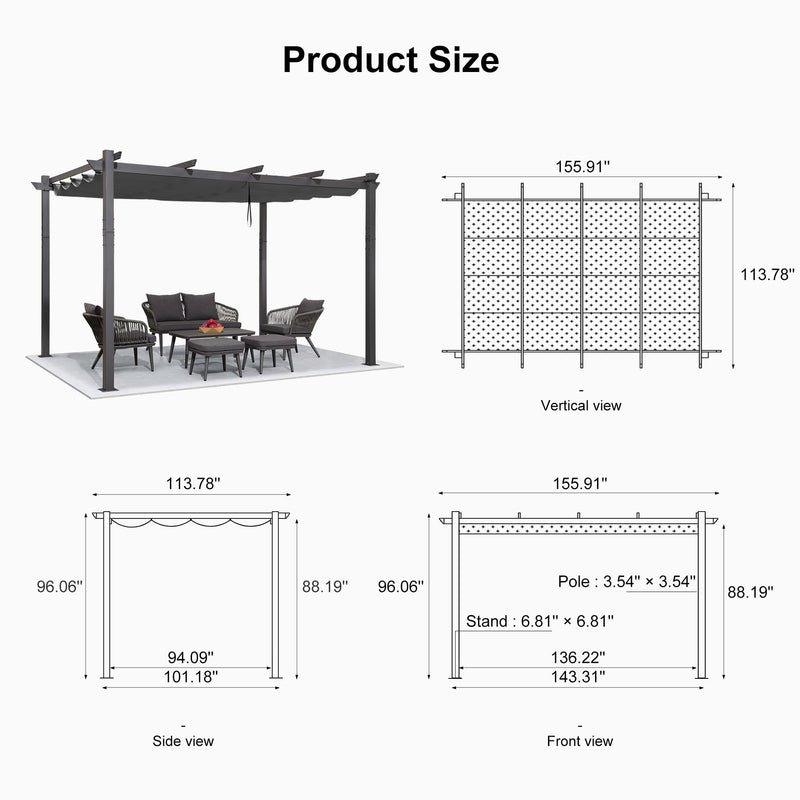 PURPLE LEAF 10' X 13' Outdoor Retractable Pergola with Sun Shade Canopy Patio Metal Shelter for Porch Garden Beach Pavilion Grill Gazebo Modern Yard Grape Trellis Pergola, Gray