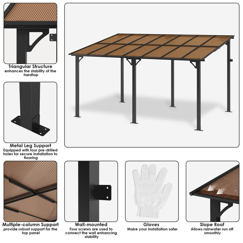 TLSUNNY 14' X 10' Gazebo for Patio with Sloped Roof, Large Wall-Mounted Heavy Duty Patio Awning, Hardtop Outdoor Aluminum Pergola, Metal Frame, for Backyard, Porch, Deck, Lawn