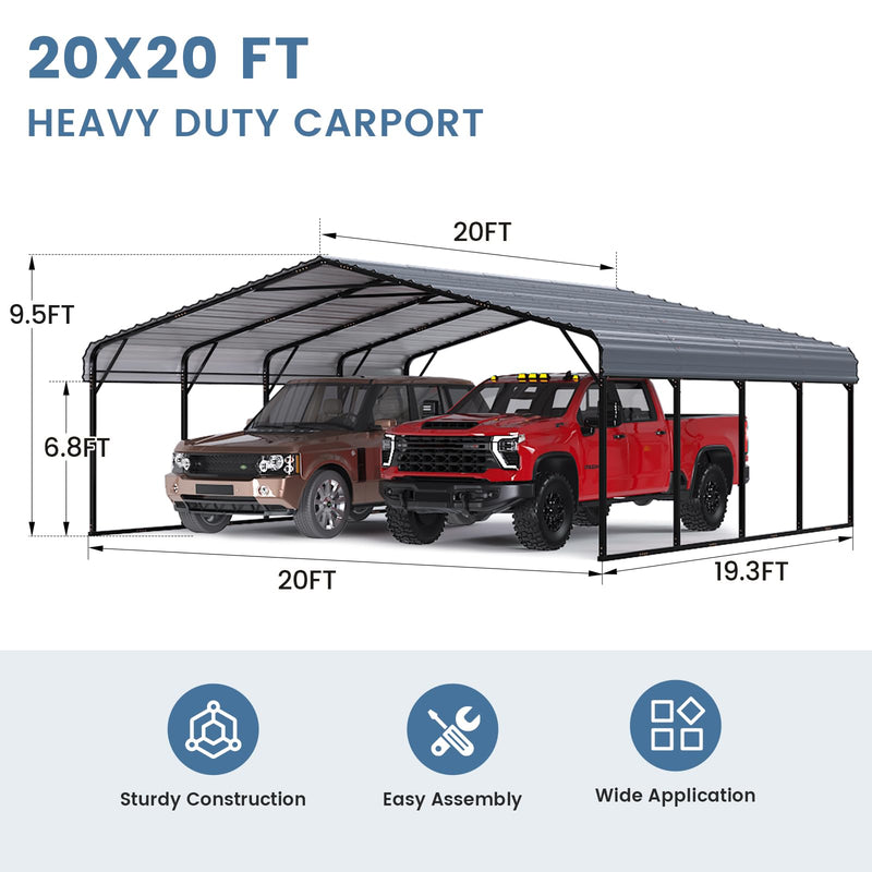 EROMMY 20x20FT Stable Metal Carport, All-Weather Heavy-Duty Carports with Strong Base, Sturdy Car Shed with Galvanized Steel Roof and Frame, Easy Assembly Car Port for 2 Cars, Tractors, Boat, Gray