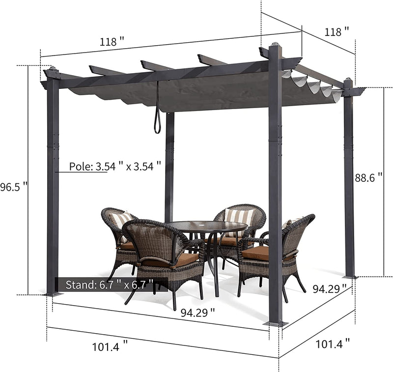 PURPLE LEAF 10' X 10' Outdoor Retractable Pergola with Sun Shade Canopy Patio Metal Shelter for Porch Beach Garden Pavilion Grill Gazebo Modern Yard Grape Trellis Gray Pergola with String Lights