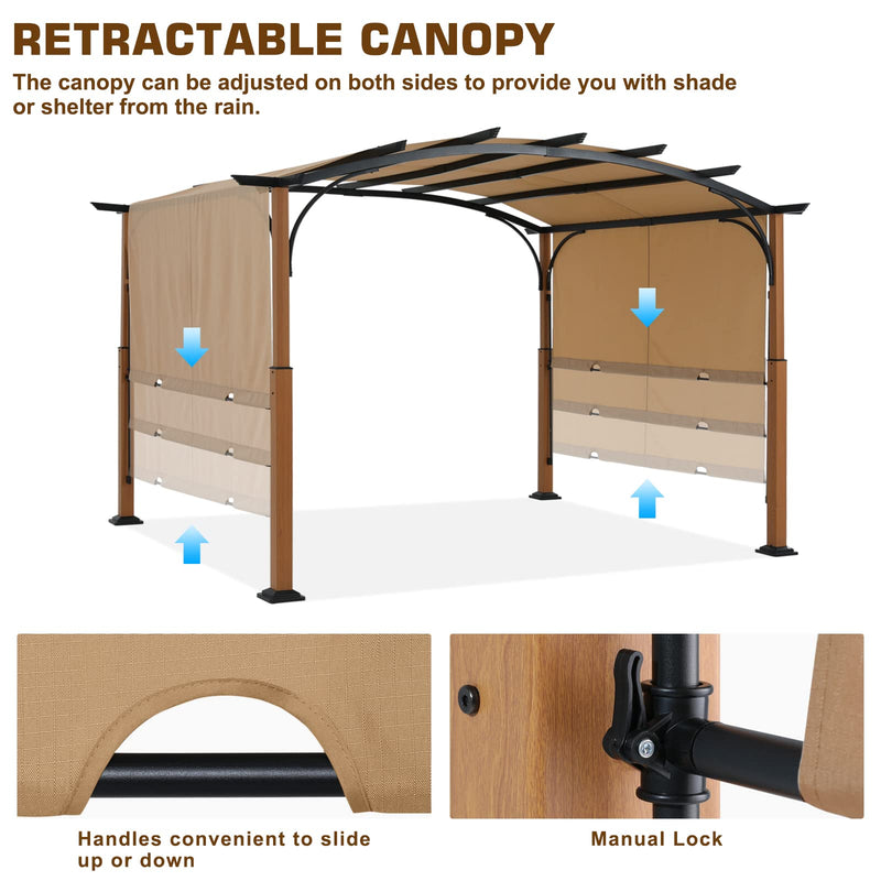 MASTERCANOPY 10' X 12' Outdoor Retractable Pergola with Sun Shade Canopy Patio Metal Garden Pergola,Beige