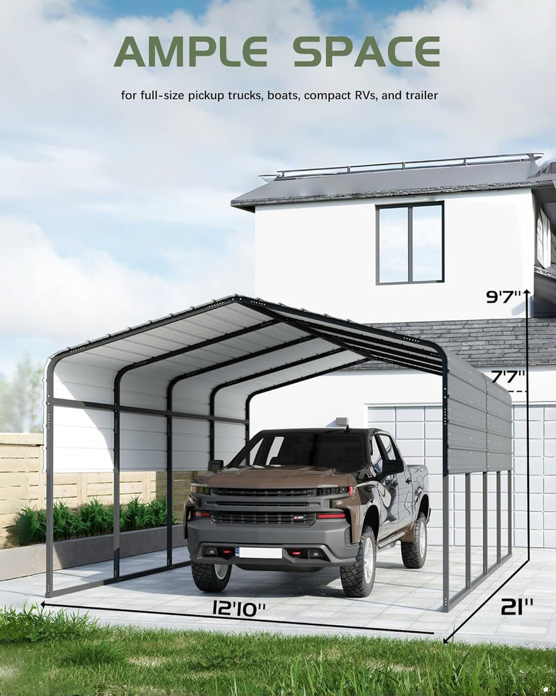 Metal Carport, Carport with Reinforced Base and Galvanized Steel Roof, Heavy Duty Garage Car Shelter Shade, Outdoor Car Port Canopy for SUV, Truck, Boats, 13x21 FT