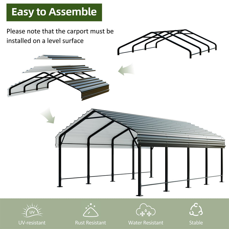 JAMFLY 12X20 FT Metal Carport, Heavy Duty Carport Canopy with Galvanized Steel Roof and Frame, Metal Car Garage Upgraded Extra Large Garage for Pickup, Boat, Car and Tractors (12 * 20 FT)