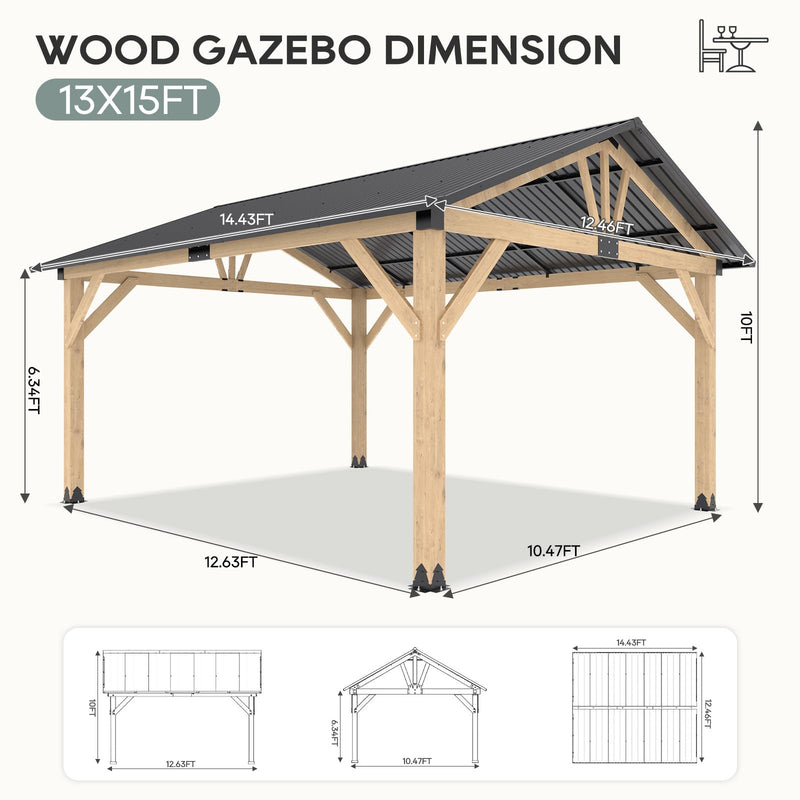 13‘x15’ Outdoor Patio Wooden Gazebo - Cedar Solid Wood Gazebo with Galvanized Steel Roof, Wooden Frame, Pavilion for Lawns, Beach, Patio, Garden (13X15FT)