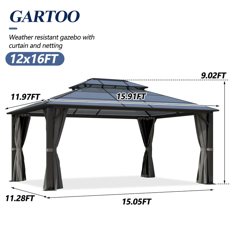 GARTOO 12x16FT Polycarbonate Hardtop Gazebo with Double Roof - Heavy-Duty Steel Frame Gazebo with Breathable Netting & Privacy Curtain for Patio, Porch, Garden, Lawn, Deck, Backyard