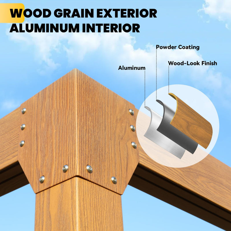 UPHYB Louvered Pergola 12x12ft, Adjustable Aluminum Pergola with Waterproof Curtains and Nets, Sun & Rain Shade for Patio, Modern DIY Outdoor Living Upgrade, Woodgrain