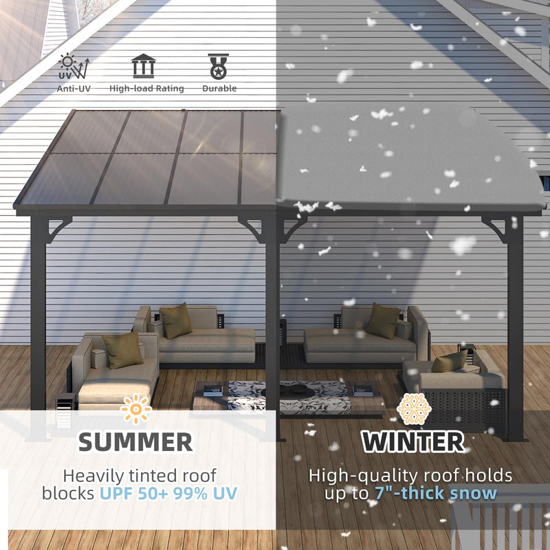 AECOJOY 10' x 14' Adjustable Height Outdoor Lean to Gazebo Pergola for Patio, Large Wall-Mounted 8.1-9.8 Ft Hard Top Metal Heavy Duty Metal Awnings Shelter Pergolas and Gazebos Clearance with Roof