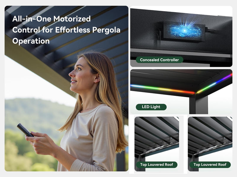 FlexPatio 13x13 FT Outdoor Motorized Louvered Pergola,Aluminum Retractable Pergola with Remote Control,Adjustable Rainproof Roof Gazebo with Drainage System and LED Light,6-inch Post