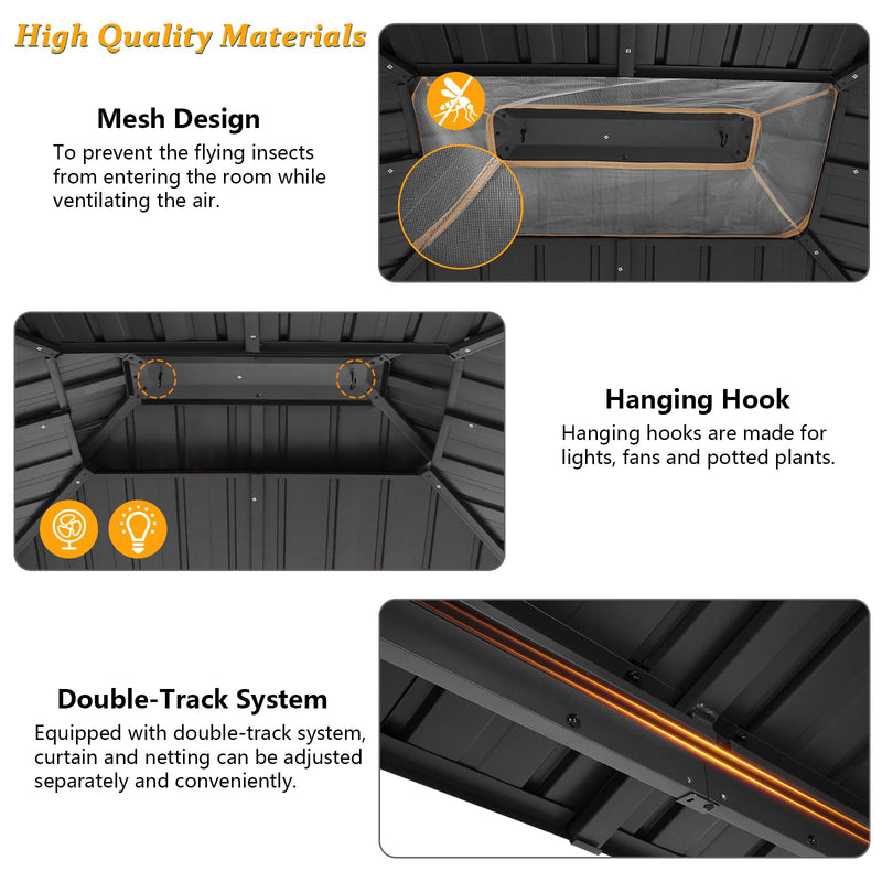 HOTEEL 10x12 Hardtop Gazebo Hot Tub Gazebo with Flame-Retardant Curtain Netting, Heavy Duty Pavilion with Galvanized Steel Double Roof, Aluminum Frame Outdoor Canopy for Patio and Party (Upgraded 3.0)