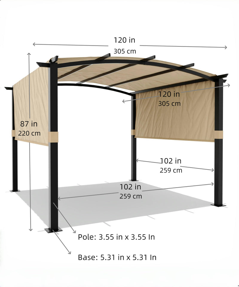 GarveeLife 10 x 10 Ft Outdoor Arched Pergola, Metal Pergola with Retractable Canopy, Arched Style Gazebos for Backyard, Lawn, Patios (Khaki)