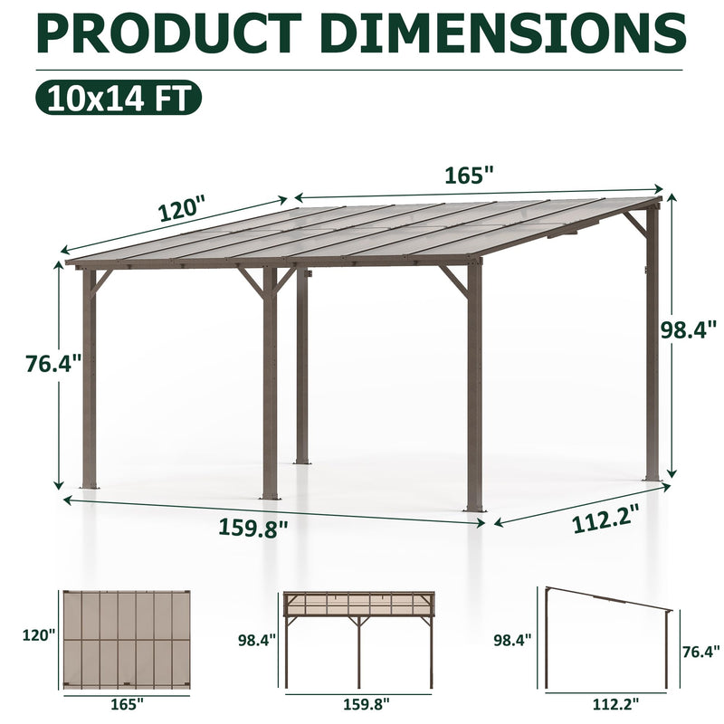 WKM 10x14 FT Wall Mounted Gazebo, Lean to Gazebo Hard Top, Decks, Porch and Backyard