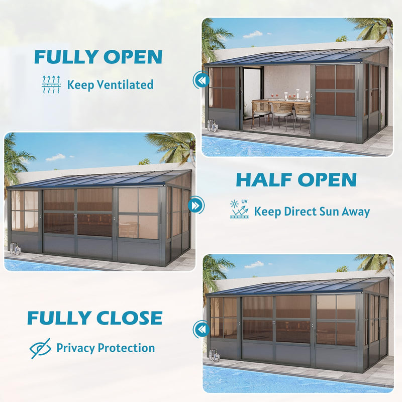 EROMMY 10' x 16' Sunroom, Wall Mounted Gazebo Solarium with Aluminum Frame, Polycarbonate Roof, Permanent Sun Room with Sliding Doors, Lockable PC Screen Walls, Lean to Gazebo for Garden, Patio, Grey