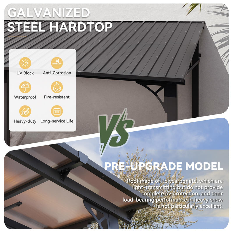 Aoxun 10' x 14' Lean to Gazebo, Upgraded Hardtop Outdoor Pergola with Sloping Galvanized Steel Roof, Large Wall-Mounted Heavy Duty Awnings for Patio, Backyard, Deck, Porch (Black)