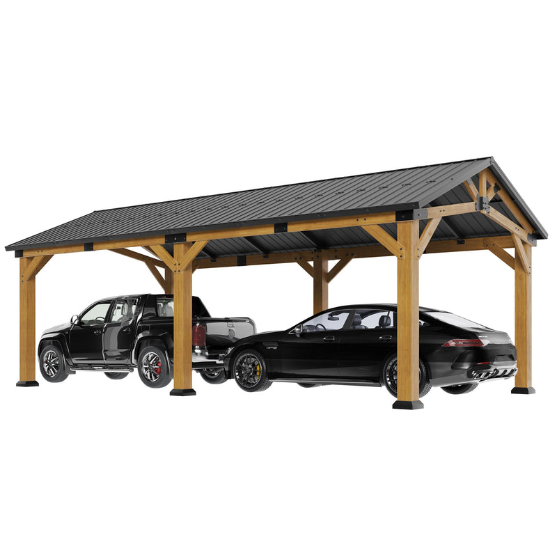 Jocisland 12x24x9.5 FT Cedar Wood Hardtop Carport with Steel Roof, Waterproof Outdoor Gazebo Pavilion, Heavy-Duty Snow & Wind Resistant Canopy for Patio, Driveway, Garden