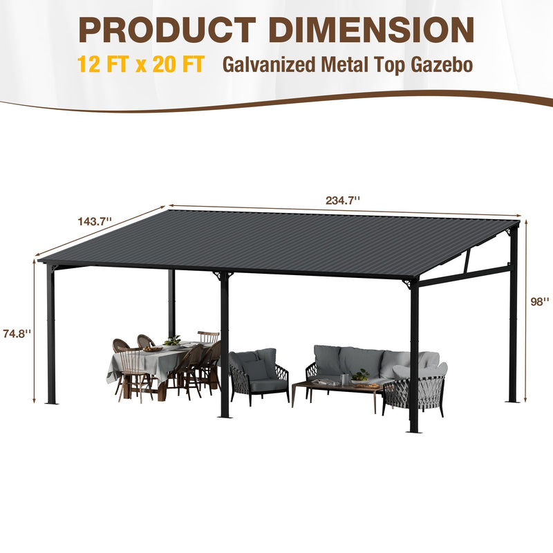 EBE 20' x 12' Hardtop Gazebo, Large Wall Mounted Gazebos Pergola on Clearance, Lean to Gazebo with Galvanized Steel Roof, Heavy Duty Metal Awning for Patio, Porch, Deck