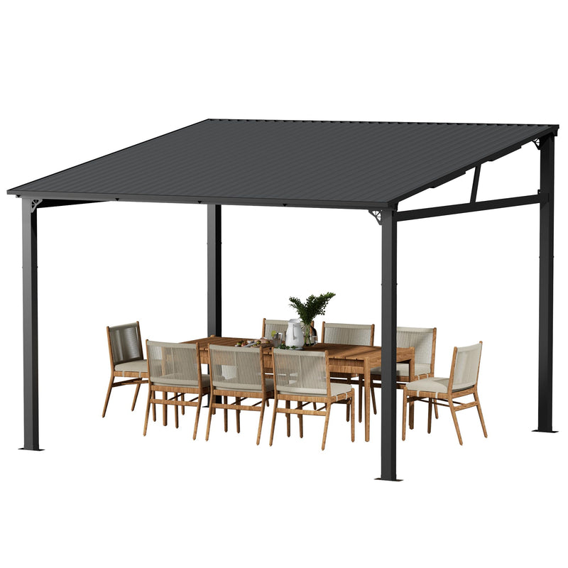 EBE 12' x 12' Hardtop Gazebo, Heavy Duty Lean to Metal Gazebos Outdoor Pergola, Wall Mounted Gazebo with Galvanized Steel, Patio Roof Awning for Patio, Deck, Backyard