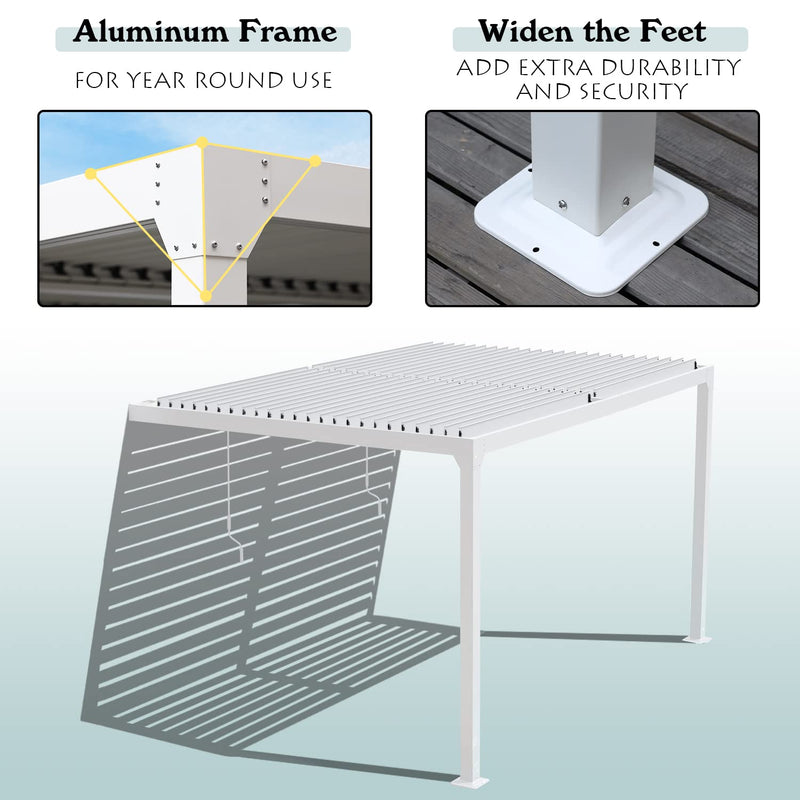 BPS 13 x 10 ft. Outdoor Aluminum Wall Mounted Louvered Pergola Waterproof Gazebo Sun Shade Shelter with 2 Adjustable Rainproof Panels for Patio, Garden, Backyard Lawn & Garden - White