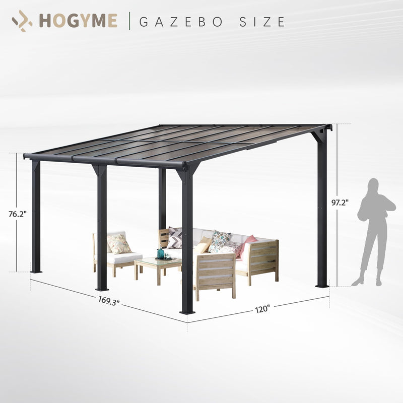 HOGYME 10x14 FT Gazebo, Outdoor Gazebos on Clearance with Updated Frame Structure and Roof, Hard Top Lean to Gazebo Pergola, Wall Mounted Awnings for Patio, Deck, Lawn and Backyard