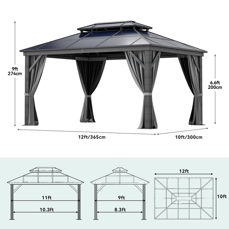 YITAHOME 10X12FT Hardtop Polycarbonate Gazebo Outdoor Patio Double Top Canopy Galvanized Iron Aluminum Column Garden Tent Curtains Netting for Backyards Decks Lawns,Gray