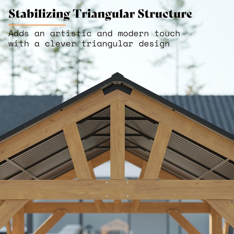 13x15 ft Wood Gazebo, Hardtop Pergola with Steel Gable Roof, Outdoor Gazebo with Guest House for Garden, Porch, Patio, Black + Natural Wood