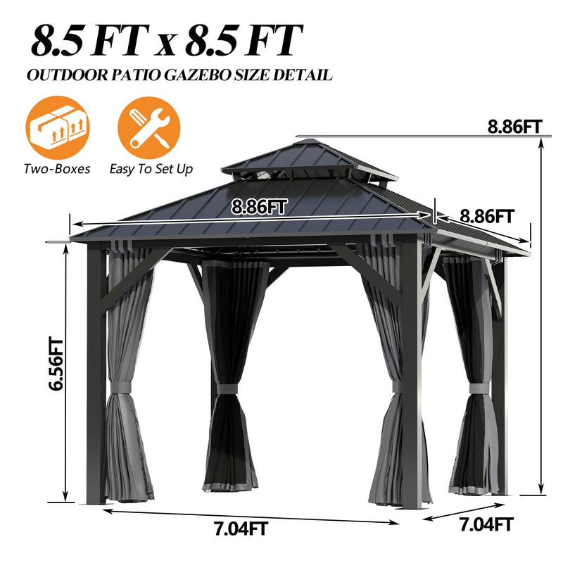 GARTOO 8.5x8.5FT Outdoor Hardtop Gazebo - Aluminum Heavy-Duty Galvanized Steel Top Gazebo with Breathable Netting & Privacy Curtain, Double Roof Gazebos for Patio, Porch, Garden, Lawn, Deck, Backyard