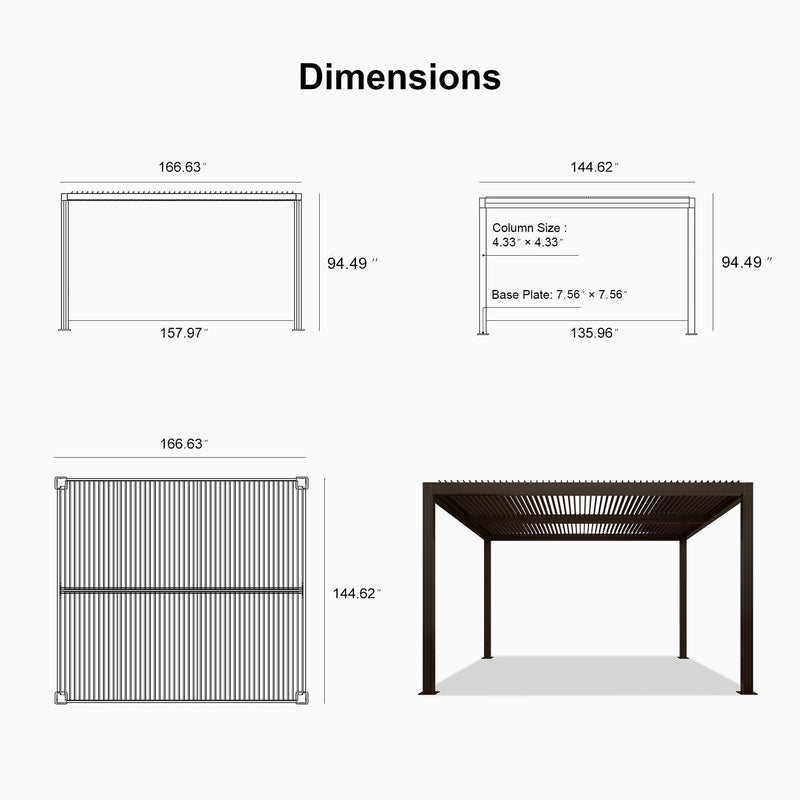 PURPLE LEAF Outdoor 12' × 14' Louvered Pergola with 12FT Detachable Louver Wall Patio Adjustable Aluminum Canopy Retractable Metal Roof for Deck Outside Backyard Hardtop Gazebo Sun Shade