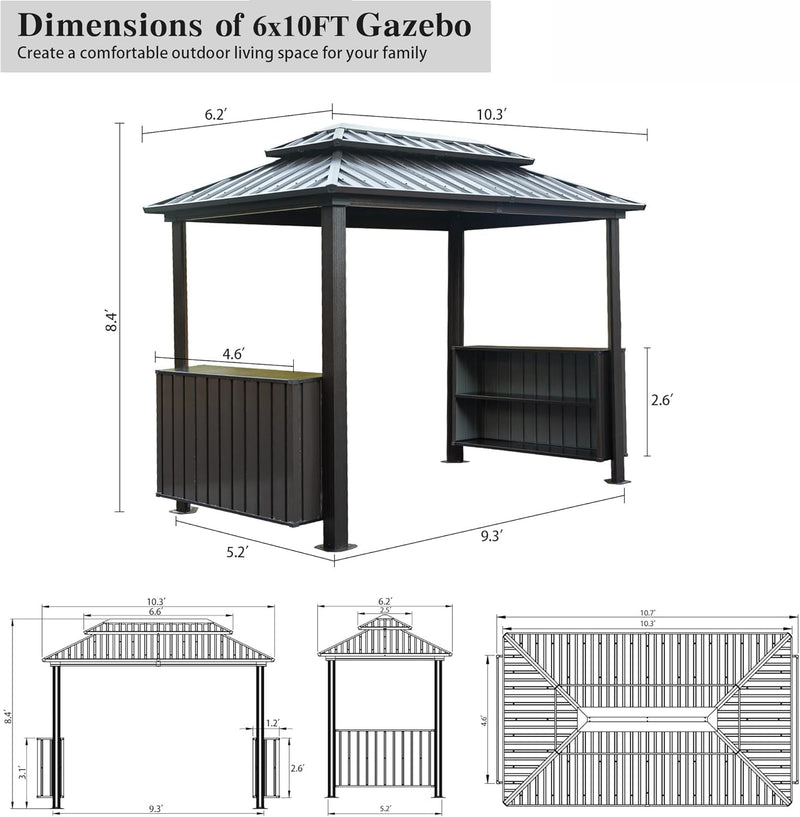 6x10FT Hardtop Grill Gazebo, Outdoor BBQ Gazebo with Double Galvanized Steel Roof, Patio Grill Canopy with 2 Storage Cabinets and Ceiling Hooks for Backyard, Lawn, Garden,Brown