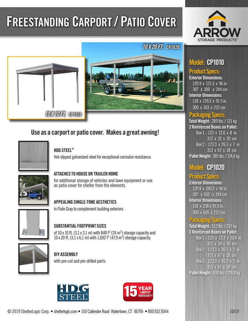 Arrow Sheds CP1010 Free Standing Car Port, 10 by 10-Feet