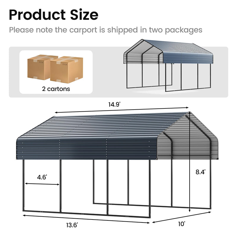 10'x15' Heavy Duty Metal Carport, Outdoor Garage Car Shelter Shade with Heavier Metal Frame, Galvanized Metal Roof for Car and Boats, Grey
