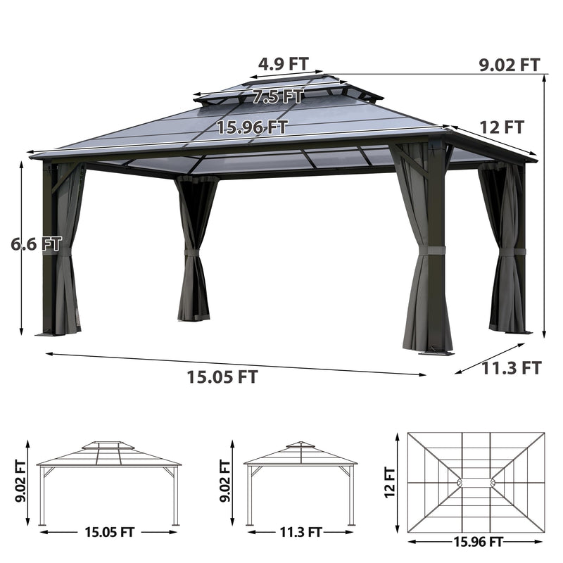 Raysfung Hardtop Gazebo 12' x 16', Patio Gazebos with Polycarbonate Roof & Steel Frame, Outdoor Pavilion with Gray Curtain&Netting for Backyard/Lawn/Garden/Deck