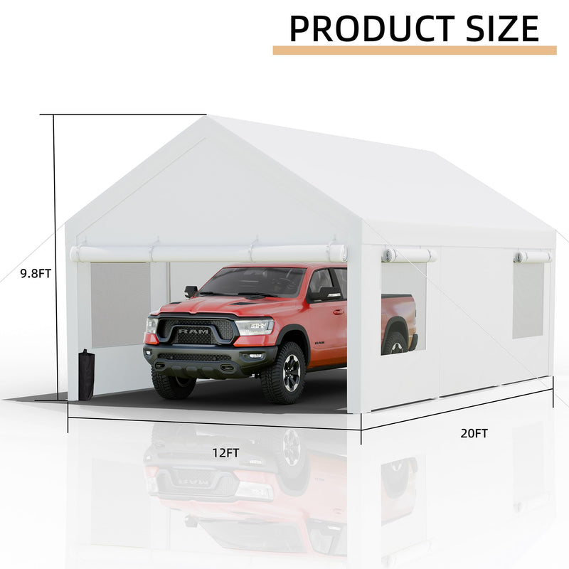 JY QAQA Carport, 12x20 FT Heavy Duty Carport with Removable Side Walls and Doors, Portable Garage with Roll-Up Window and Sandbags, Car Canopy with All-Season Tarp for Cars, Trucks, Boats, White