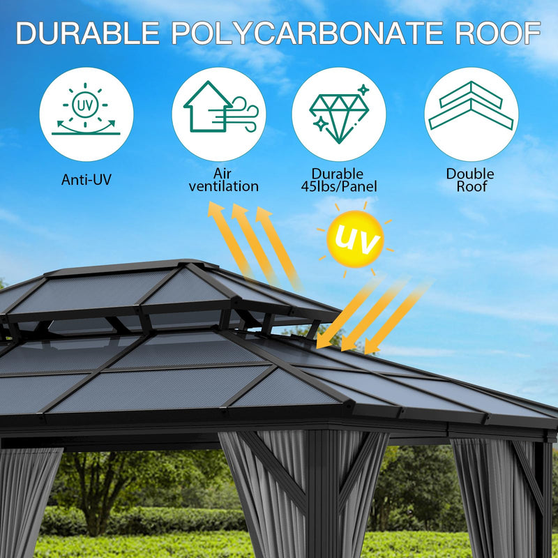 10'x13' Hardtop Gazebo, Outdoor Polycarbonate Double Roof Canopy, Aluminum Frame Permanent Pavilion with Curtains and Netting, Sunshade for Garden, Patio, Lawns (Gray)