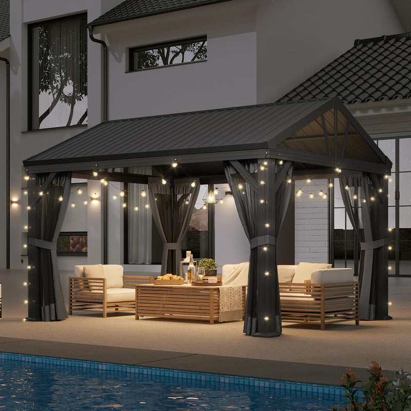 Aoxun 10' X 12' Hardtop Gazebo, Aluminum Outdoor Gazebo with Galvanized Steel Gable Roof Canopy, Patio Permanent Metal Pavilion with Netting, for Garden, Backyard, Deck