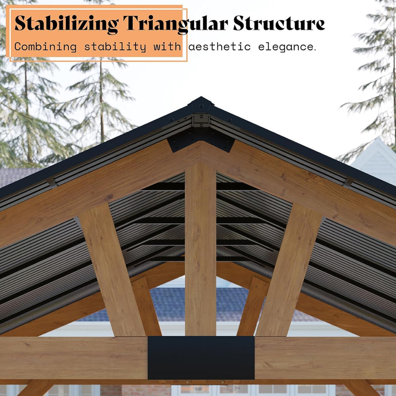 AMERLIFE 13x15 ft Spruce Wood Gazebo, Outdoor Gazebo with Bar Storage, Hardtop Wooden Paviloinwith Metal Steel Gable Roof, Patio, Garage, Black + Natural Wood