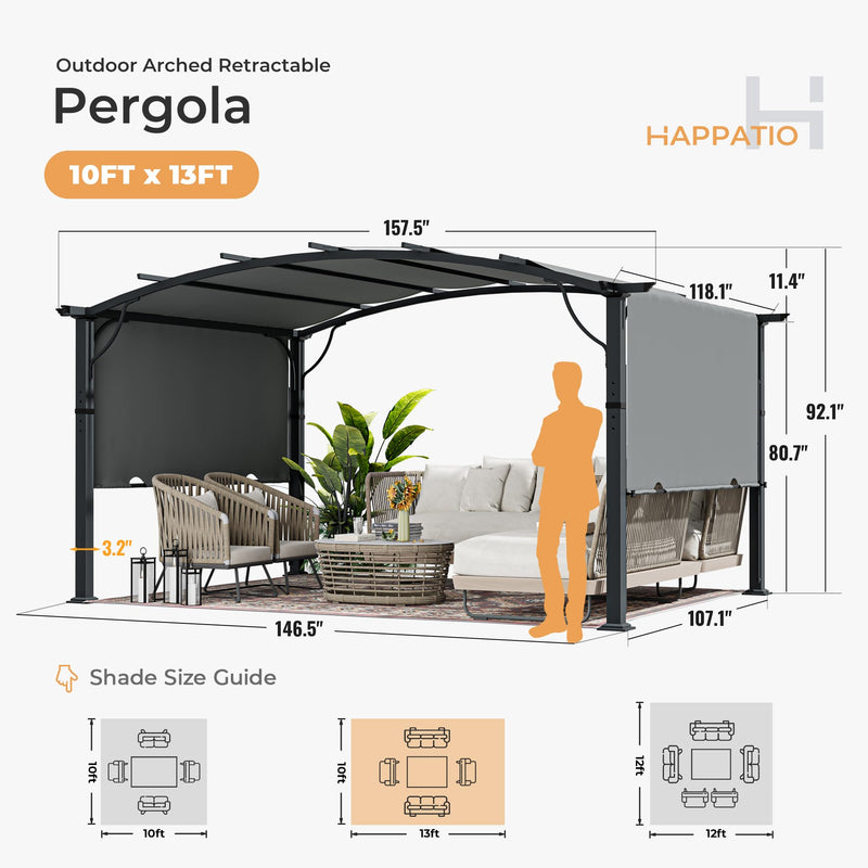 HAPPATIO 10' x13' Outdoor Arched Patio Pergola, Outdoor Retractable Pergola with Sun Shade Canopy, Aluminum Frame with Canopy Fixed in Various Positions for Gardens, Patios, Backyards (Grey)