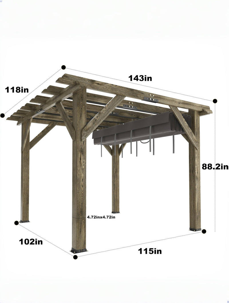 KYBOLT 10 X 12 Ft Wood Pergola with Retractable Sunshade Canopy, Solid Structure, Outdoor Pergola for Deck, Garden, Backyard - Charcoal Gray
