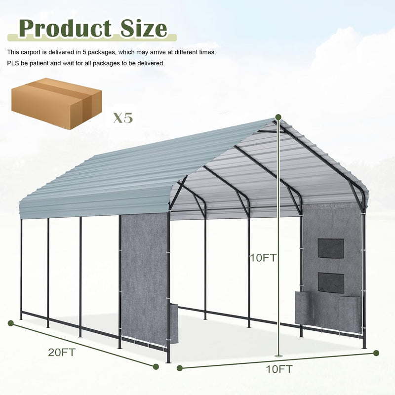 Prime Garden 10'x20'x10' Metal Carport, Heavy Duty Car Port with Enhanced Base Garage, Thickened Outdoor Galvanized Car Shelter for Car, Boats and Truck