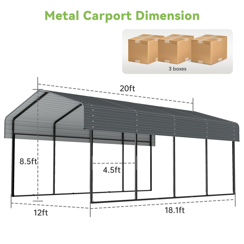 Real Relax 12X20 FT Carport with Galvanized Steel Roof, Heavy Duty Steel Frame Metal Carport Canopy, Large Garage Storage Shelter Shade for Boat, Pickup, Car, Tractors, Grey