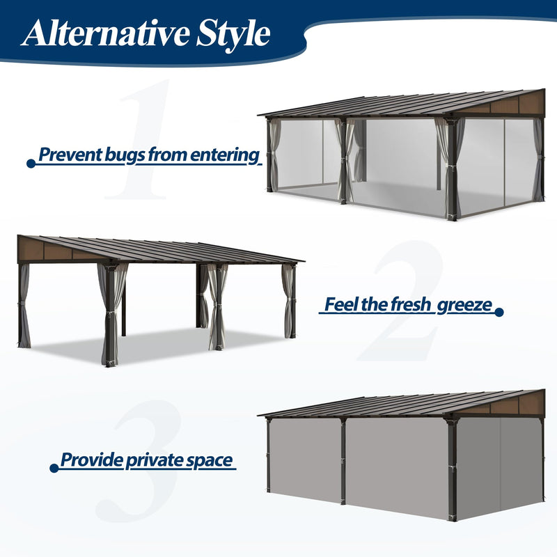 COVERONICS 12' X 20' Outdoor Polycarbonate Lean to Gazebo - Wall-Mounted Aluminum Frame Gazebo with Slope Hardtop, Patio Heavy-Duty Lean to Pergola with Netting & Curtains for Garden, Backyard, Deck