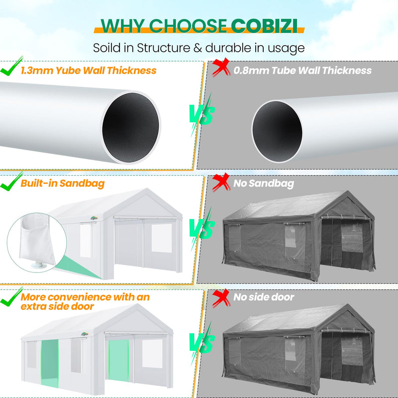 COBIZI Carport Canopy 12x20 Heavy Duty Portable Garage with Removable Sidewalls & Doors, Galvanized Frame Car Port Canopy Tent with Built-in Sandbags & All-Season Tarp for Car Boat Truck, White