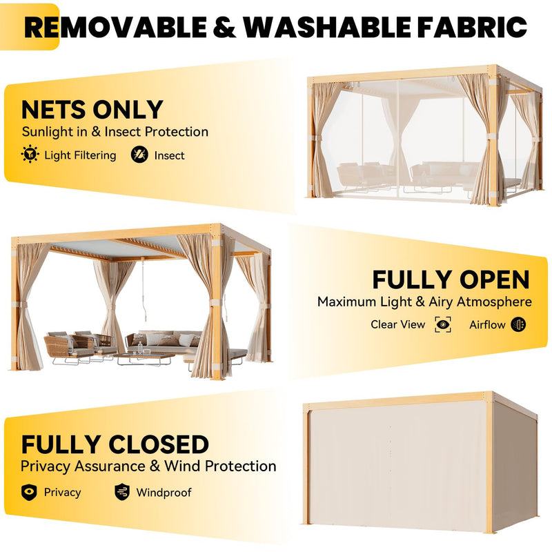 UPHYB Louvered Pergola 12x12ft, Adjustable Aluminum Pergola with Waterproof Curtains and Nets, Sun & Rain Shade for Patio, Modern DIY Outdoor Living Upgrade, Woodgrain
