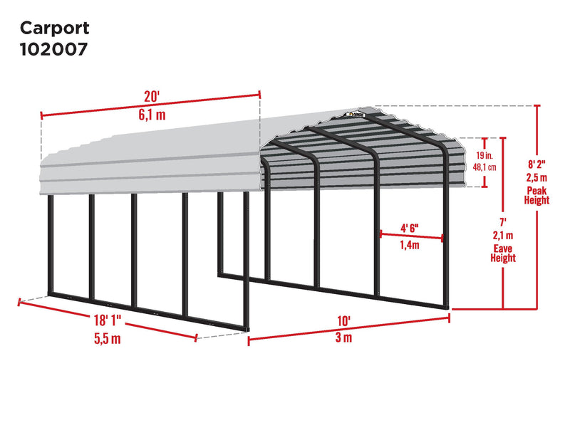Arrow CPHC102007 Heavy Duty Galvanized Steel Metal Multi-Use Shelter, Shade, Carport, 10' x 20' x 7'