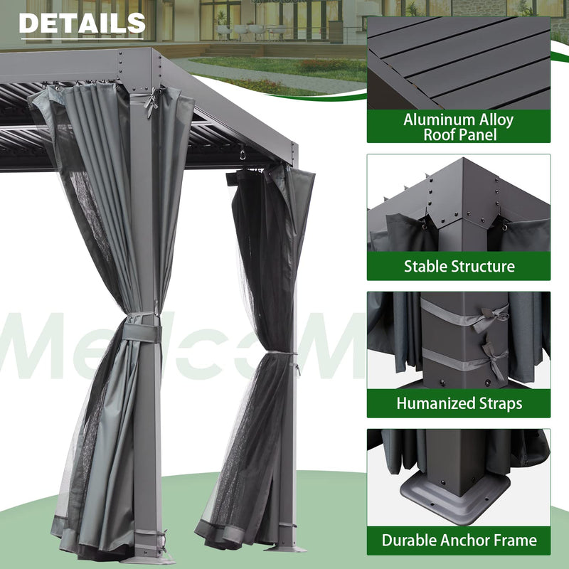 MELLCOM Louvered Pergola - 10x10 Aluminum Pergola with Adjustable Louvered Roof, Waterproof Curtains and Nets, Gray