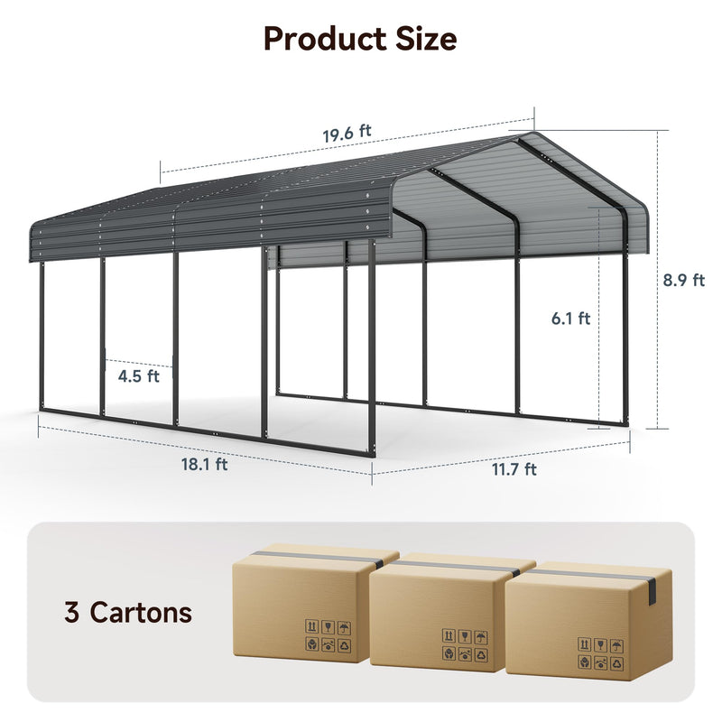 12x20 FT Heavy Duty Metal Carport Canopy with Galvanized Steel Roof, Multi-Use Shelter Outdoor Garage for Car, Boat, Party,Gray